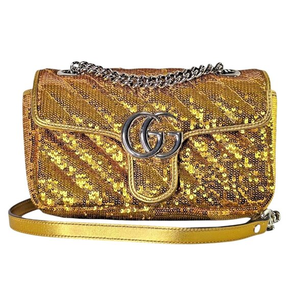 GUCCI Sequin Matelassé Diagonal Mini GG Marmont Shoulder Bag Gold Chain 2 Way - Picture 5 of 16